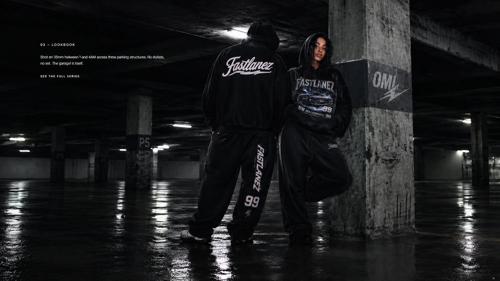 FASTLANEZ campaign — two models in heavyweight black hoodies