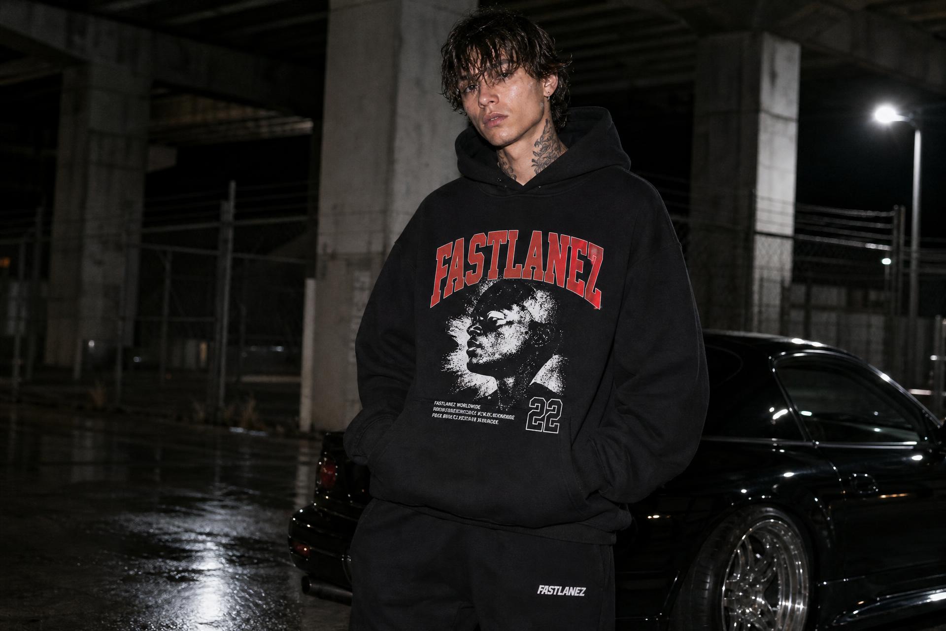FASTLANEZ campaign — hooded figure under expressway lighting